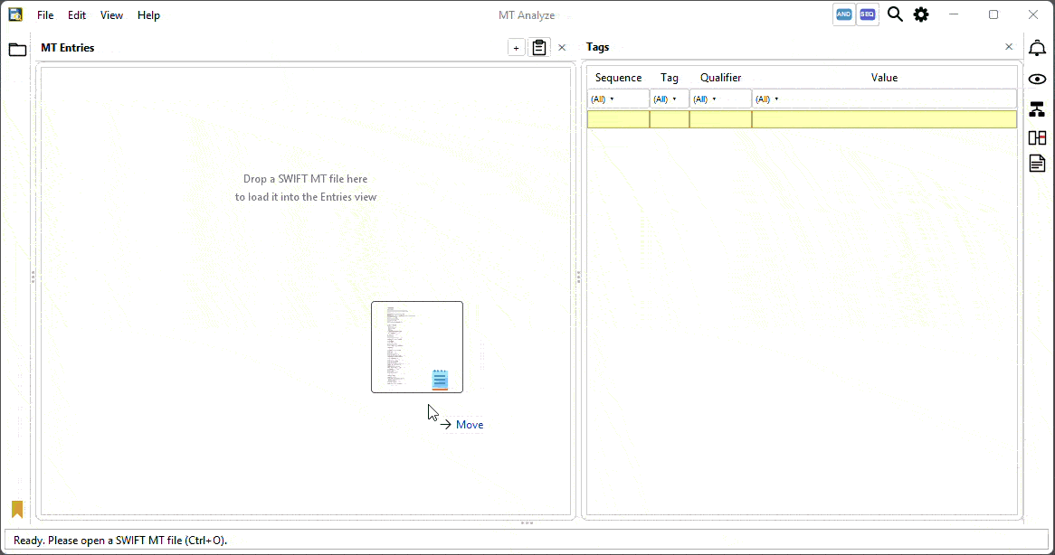 MT Analyze demo: a sample MT 536 securities statement is loaded by drag & drop, then two rows are compared side by side in the Diff view