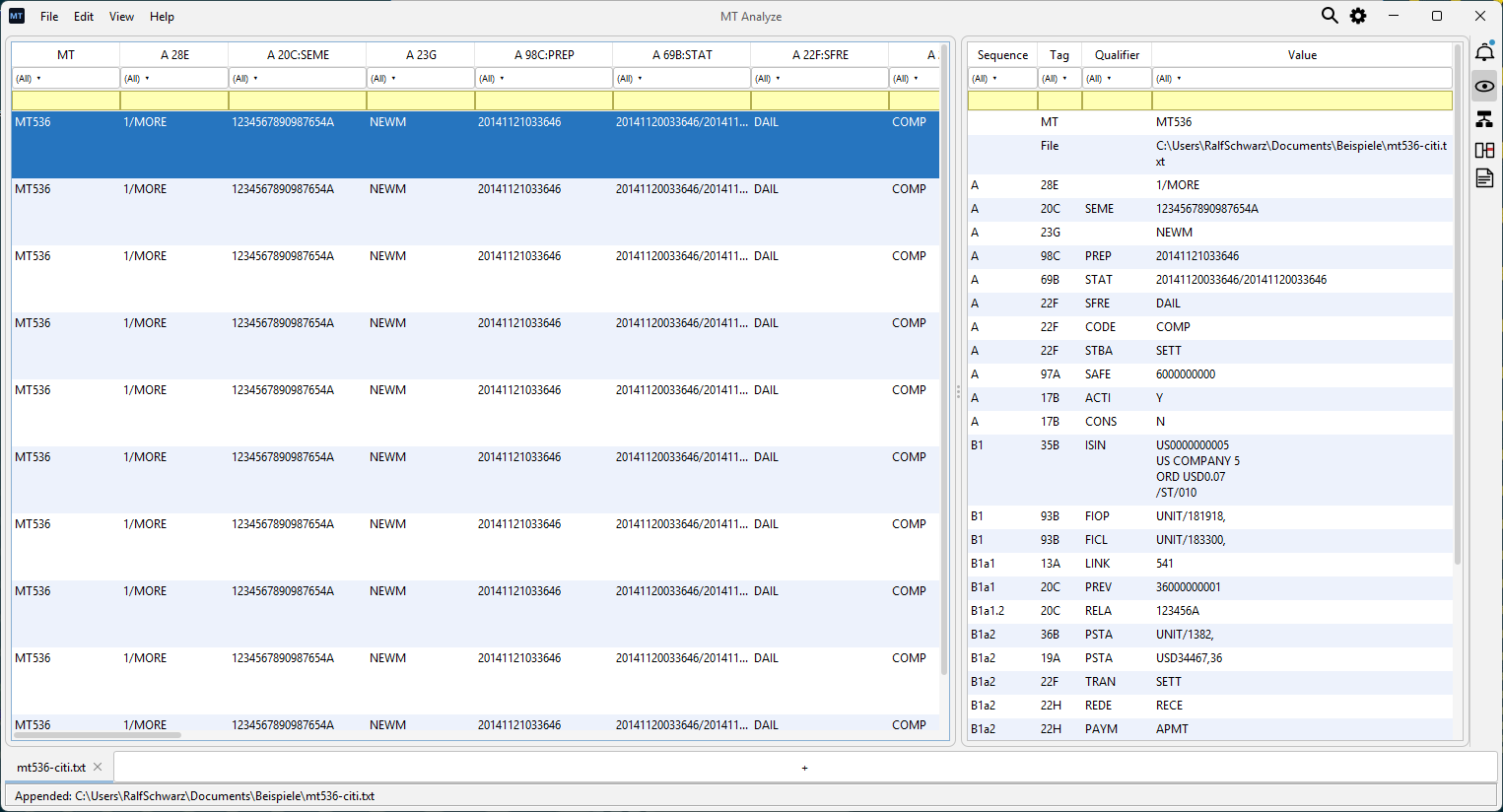 MT Analyze demo: a sample MT 536 securities statement from Citi is loaded via drag & drop, then two rows are compared side by side in the Diff view
